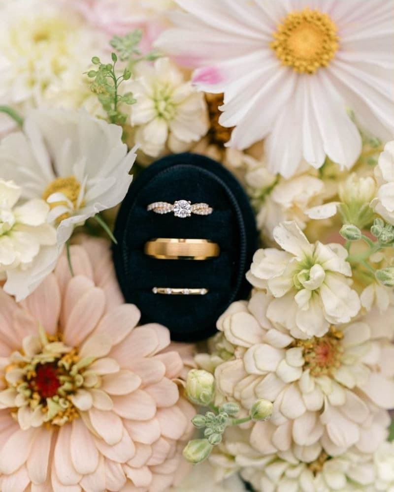 Wedding rings in a velvet ring box surrounded by cosmos, zinnias, and stock